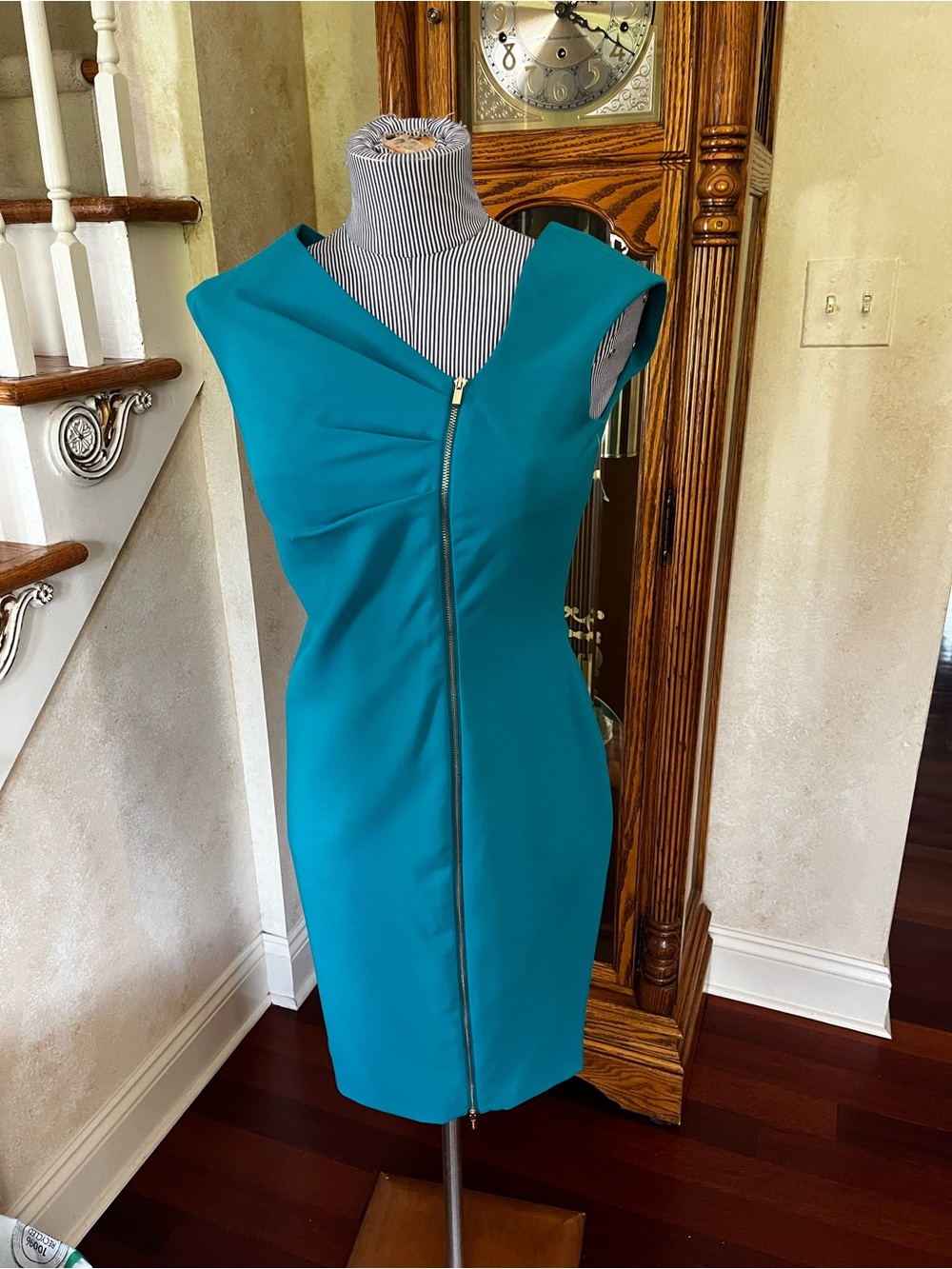 Calvin Klein Teal Zip-Front Midi Sheath Dress